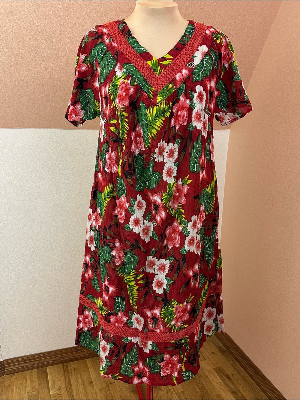 Coral Bay Floral Dress XL 100% Cotton Crinkle V-Neck Short Sleeve Tropical Boho